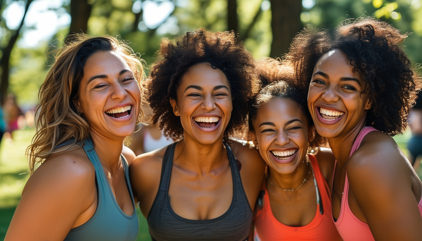 Women of all shapes doing joyful movement in a park