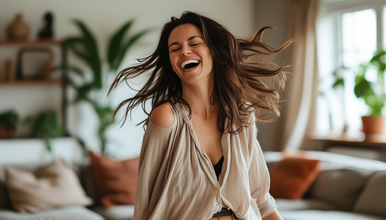 A woman genuinely enjoying free, joyful movement